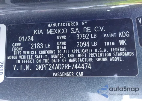 2024 Kia Forte Lxs z USA, uszkodzony, nr VIN 3KPF24AD2RE744474